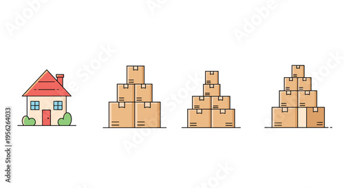 Set of icons showing a small house followed by several stacks of cardboard moving boxes in different configurations.