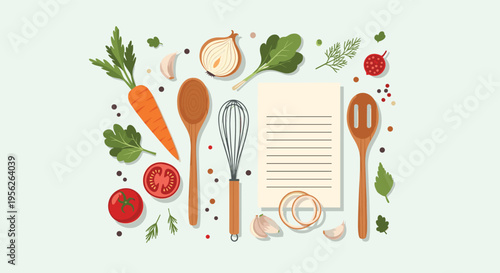 Culinary flat lay featuring a blank recipe card surrounded by vegetables, herbs, spices, and wooden kitchen utensils.