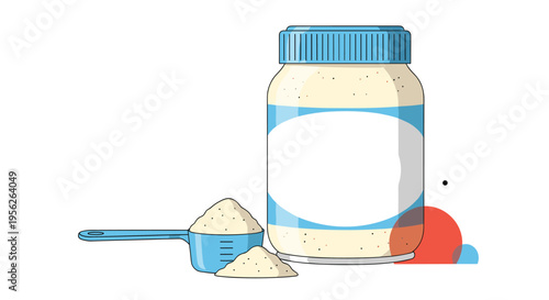 Illustration of a large jar containing powder with a full measuring scoop and a small pile on the side for fitness.