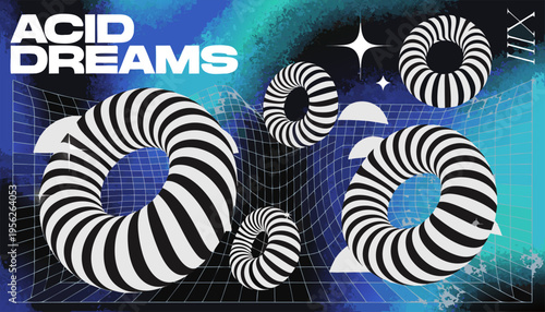 Abstract Y2K Aesthetic Vector Background with 3D Striped Torus and Glitch Grid.eps
