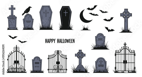 Large collection of Halloween cemetery elements including various tombstones, crosses, gates, bats, a raven, and a moon.