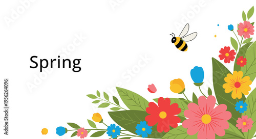 Bright spring floral arrangement with colorful flowers and green leaves featuring a flying bumblebee and the word Spring.