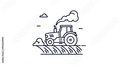 Detailed line art icon of a farm tractor working in a plowed agricultural field with clouds and smoke coming from the exhaust pipe.