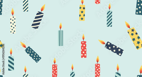 Seamless pattern of colorful lit birthday candles with various patterns like stars, stripes, and dots on a light blue background.