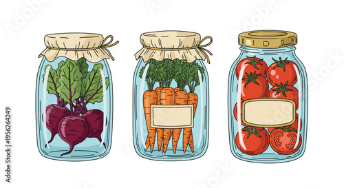 Three glass storage jars filled with preserved whole beets, carrots, and tomatoes with blank labels for kitchen organization.