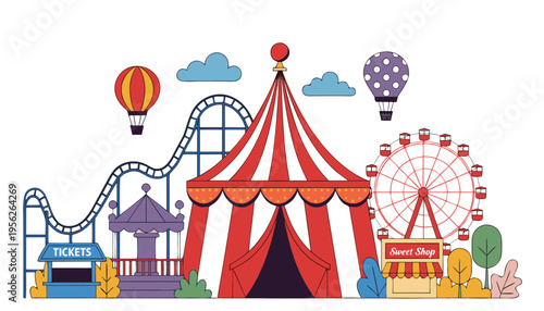 Amusement Park Horizontal Banner with Carnival Tent, Ferris Wheel, Roller Coaster and Funfair Attractions in Flat Vector Style.eps