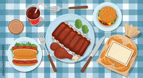 Top view of a variety of picnic food including ribs, chicken, hot dog, burger, rolls, and soda on a blue checkered tablecloth.