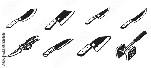 Professional collection of illustrated butcher knives and culinary equipment. Designed for high-quality food service advertisements, gastro-pub signage, and cooking class flyers.