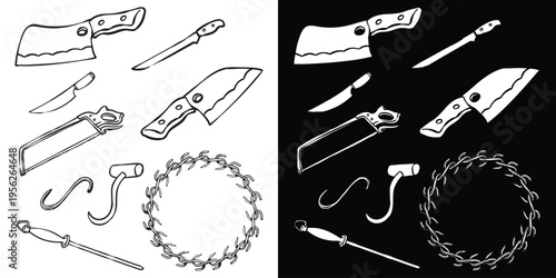 Hand-drawn butcher tool set featuring cleavers, meat hooks, and bone saw. Perfect for rustic restaurant menus, BBQ shop branding, meat processing labels, and culinary design projects.