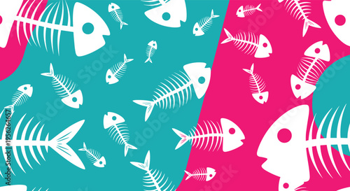 Colorful seamless pattern featuring white fish skeleton icons scattered across a bright pink and teal abstract background.
