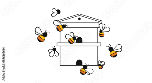 Simple line art illustration of a wooden beehive box surrounded by several flying bumblebees on a white background.