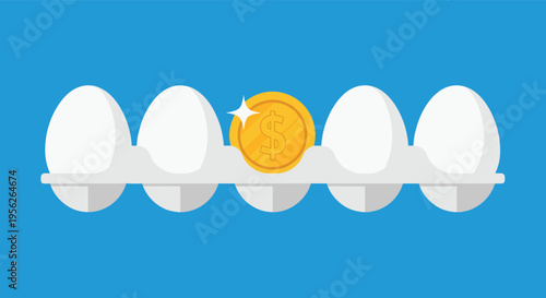 Flat illustration showing a carton of white eggs with a single large gold dollar coin replacing one egg on a blue background.