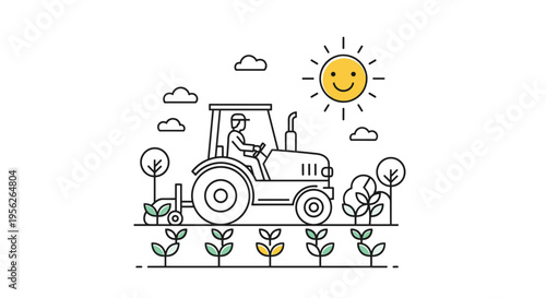 Cheerful line art illustration of a farmer driving a tractor in a field under a bright smiling sun on a white background.