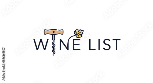 Elegant Wine List heading illustration incorporating a wooden corkscrew tool and a small grape leaf on a white background.