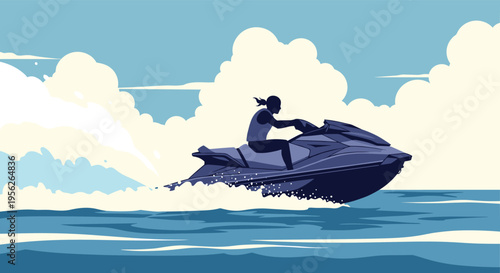 Stylized blue illustration of a person riding a fast jet ski through the waves of the ocean under a cloudy sky.