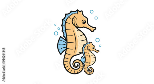 Cute illustration of two orange seahorses of different sizes swimming together in blue water with small air bubbles.