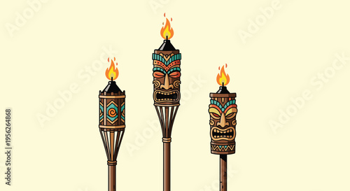 Festive illustration of three different tiki torches with carved faces burning brightly on a pale yellow background.