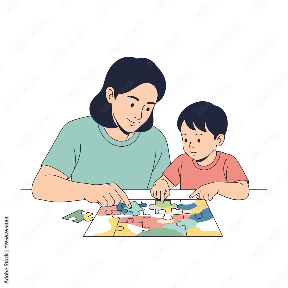 Fototapeta premium Mother and Child Solving Jigsaw Puzzle Together