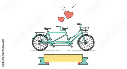 Two person tandem bicycle in mint green with a front basket and two pink hearts floating above it for romantic themes.