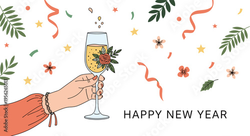 Hand holding a glass of champagne decorated with a rose amidst festive confetti and leaves for happy new year celebrations.