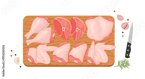 Assortment of raw chicken parts including legs, wings, thighs, and breasts arranged on a wooden cutting board with seasonings.