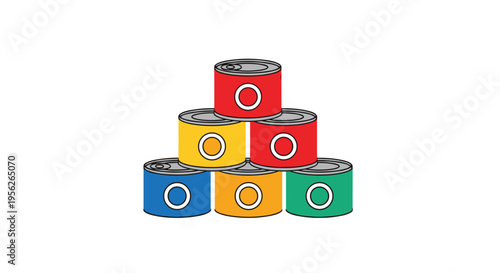 Pyramidal stack of colorful canned food tins in red, yellow, blue, and green on a plain white background for storage themes.