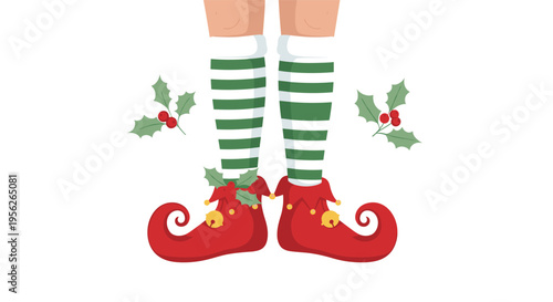 Festive illustration of a christmas elfs feet wearing green and white striped socks and red pointed shoes with golden bells.
