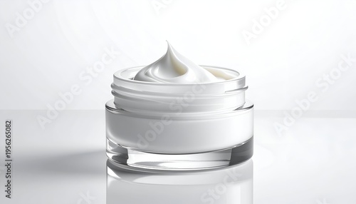 A close-up shot of a small, open glass jar filled with smooth, white cream. The cream is artfully swirled on top