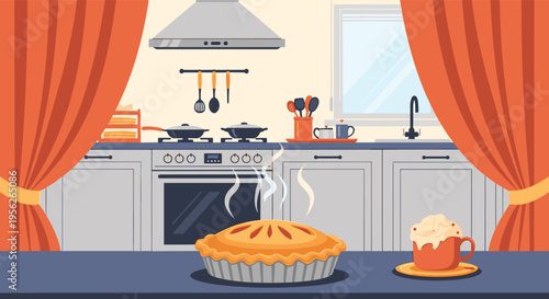 Cozy kitchen interior scene featuring an oven, stove, vent hood, and a freshly baked pie on the counter with a cup of coffee.