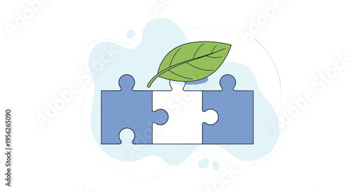Three blue and white puzzle pieces fitting together with a single green leaf resting on top symbolizing eco-friendly solutions.
