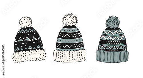 Three different patterned winter beanie hats with fluffy pom poms and knitted textures in black, white, and blue colors.