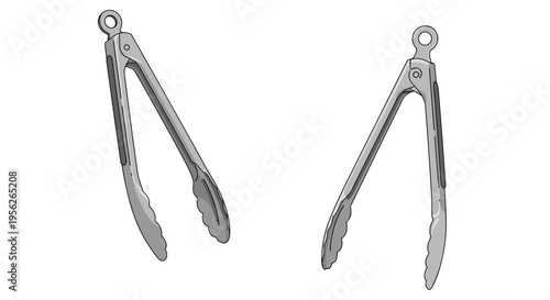 Two metal kitchen tongs with black grips shown from different angles on a white background for cooking and serving themes.