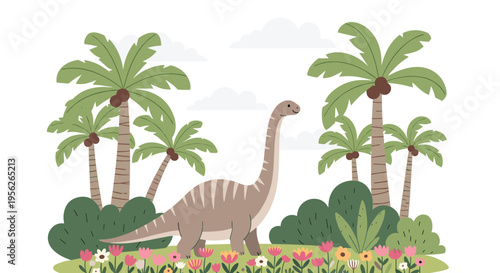 Cute illustration of a long necked dinosaur standing in a lush tropical landscape with palm trees and colorful flowers.