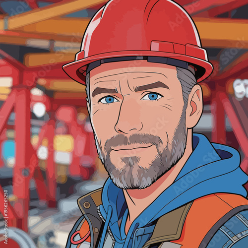 Portrait of a construction worker wearing a hard hat and safety gear at a building site during daytime hours