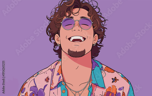 Smiling young man with curly hair wearing sunglasses and colorful shirt against purple background
