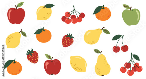Collection of colorful fruit illustrations including apples, lemons, oranges, strawberries, cherries, and pears on a white background.