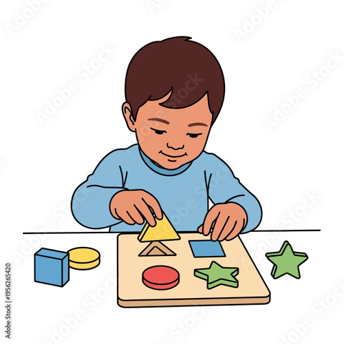 Toddler boy learning shapes with a wooden puzzle, developing fine motor skills and cognitive abilities.