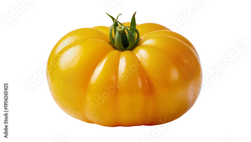 Tableau sur toile Isolated fresh ripe yellow heirloom beefsteak tomato with green calyx, vibrant a