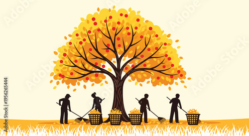 Silhouette figures of people raking fallen leaves into baskets under a large tree with golden yellow autumn foliage.