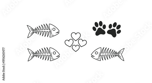 Simple black and white icons including fish skeletons, animal paw prints, and small hearts arranged on a white background.