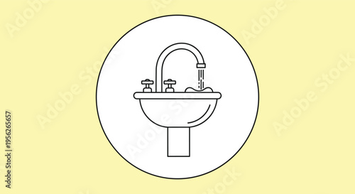 Minimalist line art icon of a pedestal sink with a faucet and handles enclosed within a simple circular border.