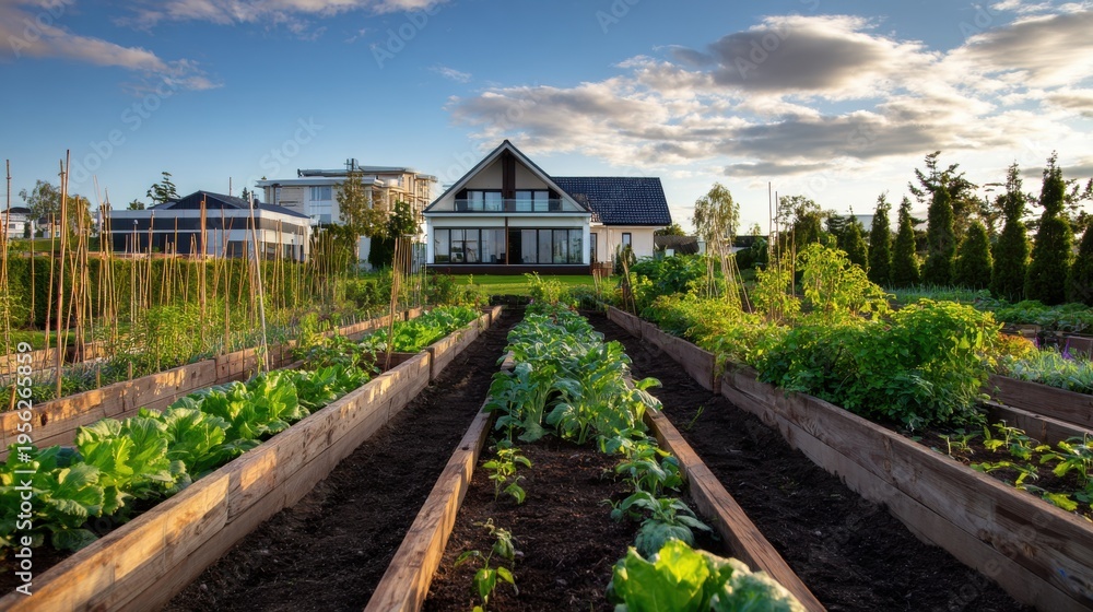 Fototapeta premium Peaceful backyard garden with neat rows of vegetables