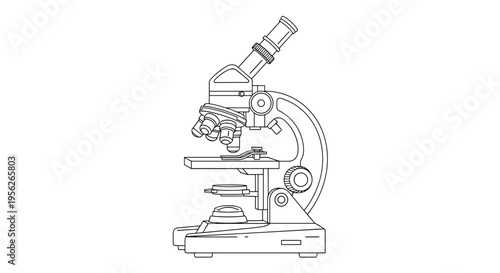 Detailed black and white line drawing of a laboratory microscope used for scientific research and medical examinations.