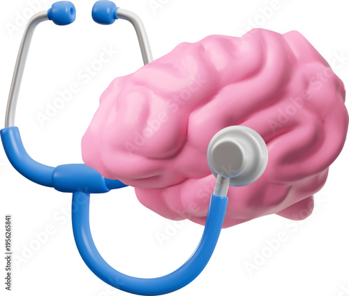 3D realistic human brain diagnostic with stethoscope, mental health care, vector cerebrum and medical prevention device
