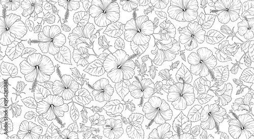 Intricate black and white floral pattern featuring a dense arrangement of hibiscus flowers and leaves in a natural style.