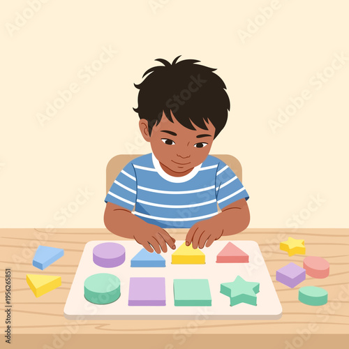 Young Boy Playing with Shape Sorter Toy, Learning Shapes and Colors