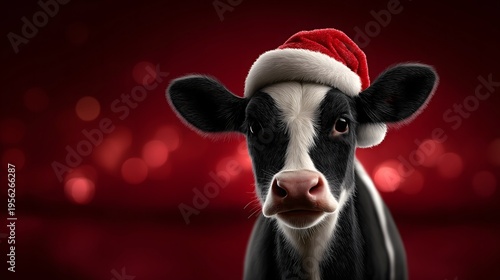 Cute black and white cow wearing red Santa hat on Christmas card background