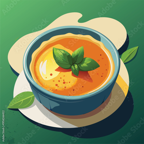 Creamy orange soup in a blue bowl with basil garnish
