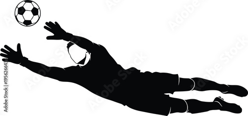 Black silhouette of soccer goalkeeper diving to save ball for football sports competition, athletic match, tournament poster, and professional team training vector illustration,