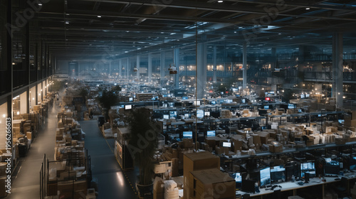 E-commerce returns processing center with items sorted by category across vast floor space, quality control stations glowing under task lighting in otherwise dim facility, ideal for reverse logistic